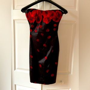Bebe Roses Strapless Bodycon Black Satin-feel Dress Y2k Valentines cocktail